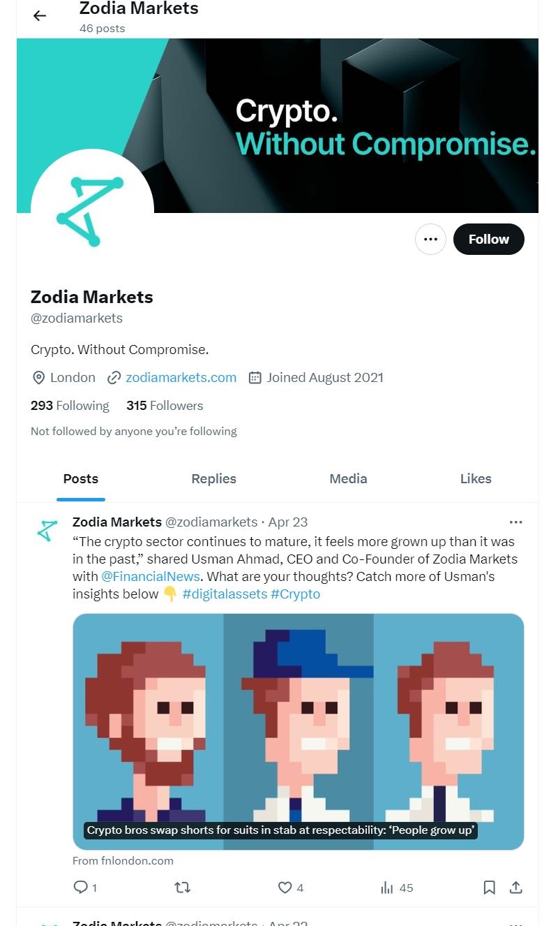 Zodia Markets 的推特官网信息