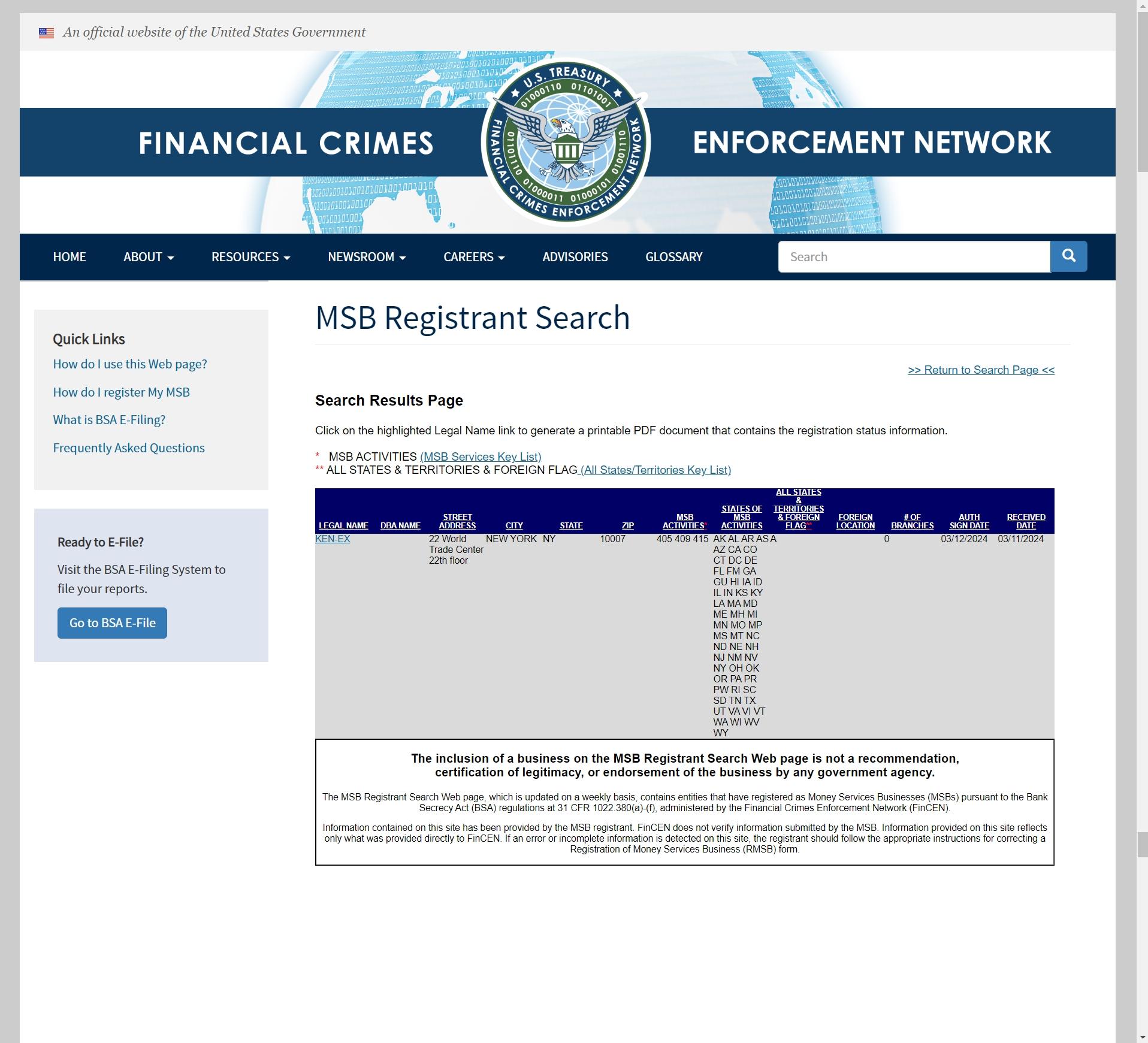 KEN-EX的美国MSB监管查询