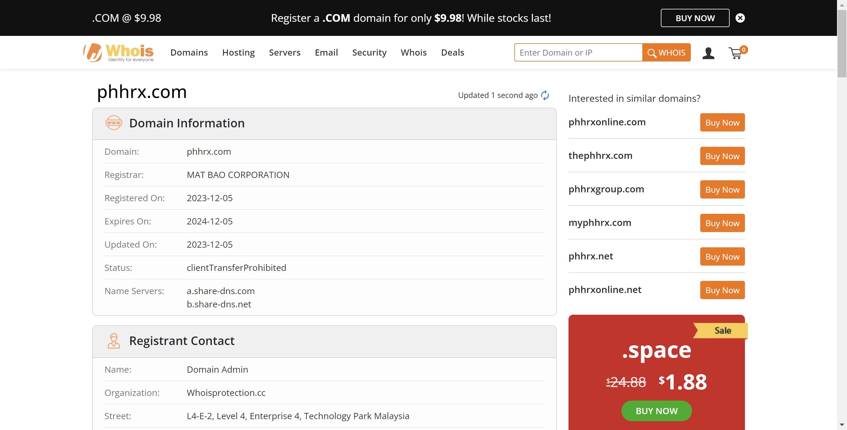 Phhrx WHOIS record