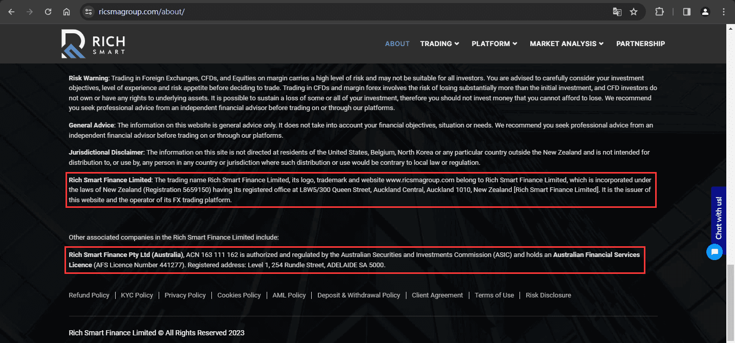 The official website of Rich Smart Finance displays company registration information