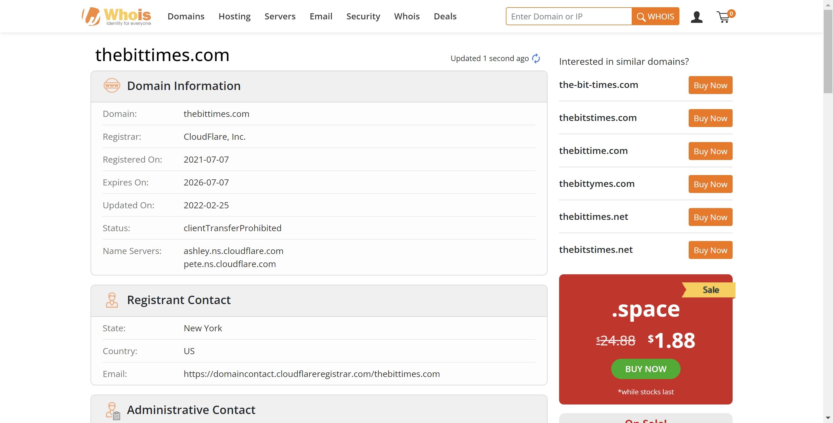 Thebittimes whois screenshot
