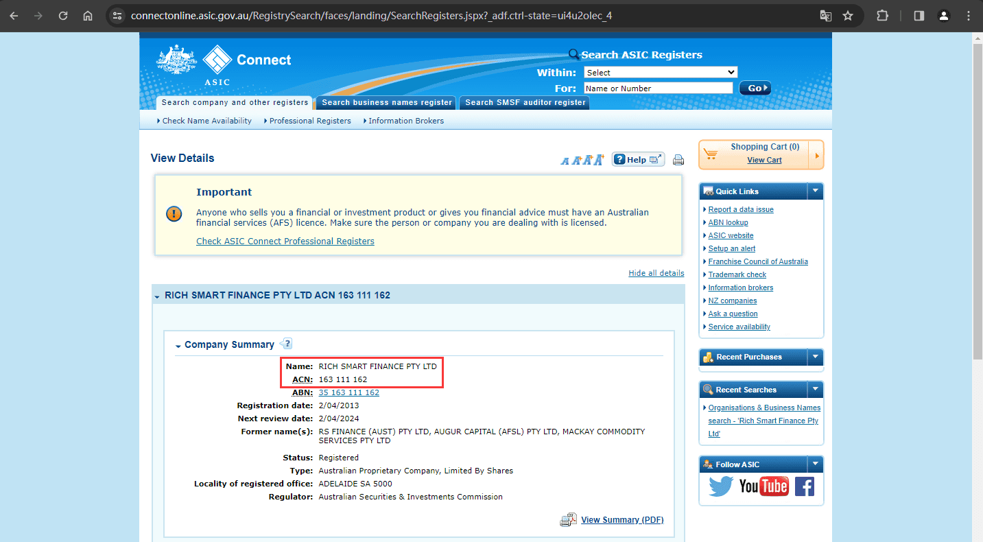 The regulatory information of 'Rich Smart Finance' by the Australian Securities and Investments Commission (ASIC)