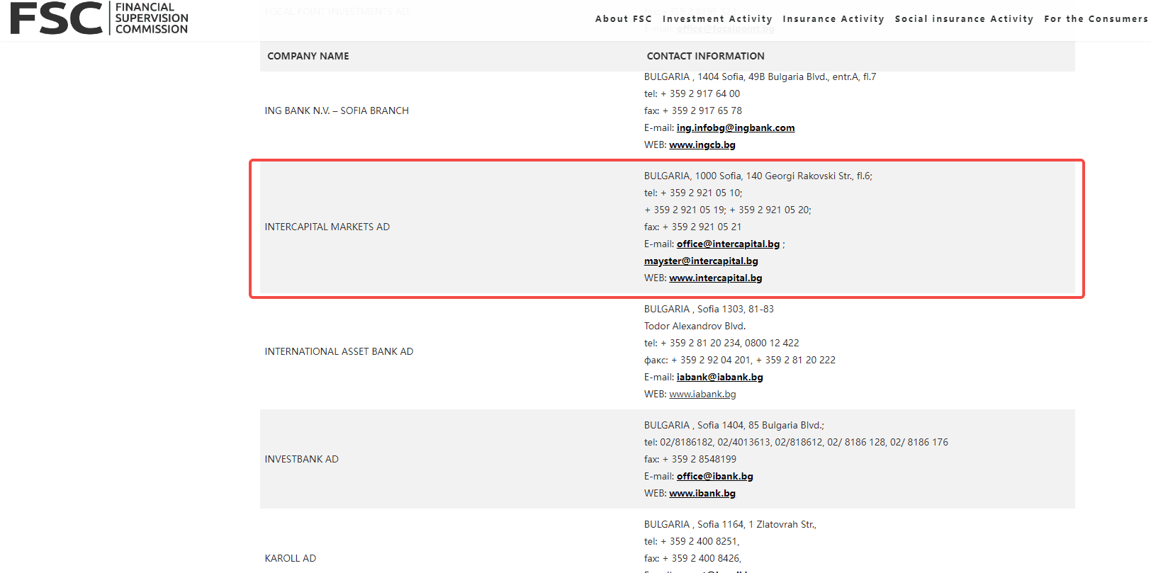 保加利亚金融监管委员会（FSC）查询结果