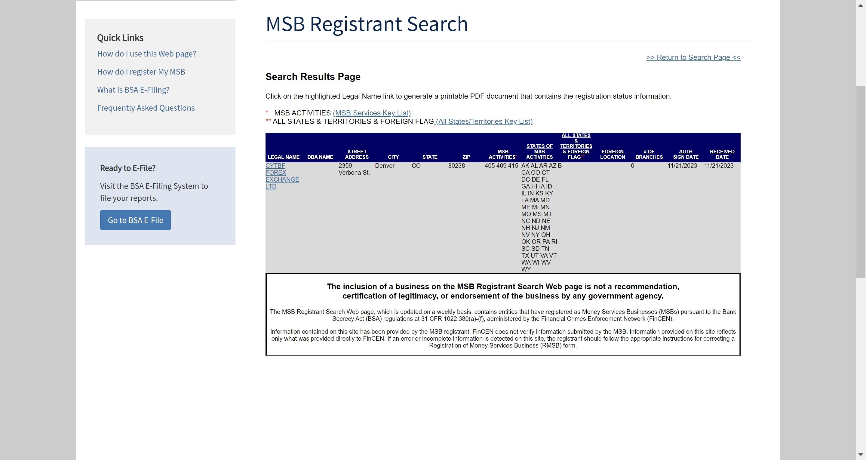 CYTBF Fincen MSB监管查询