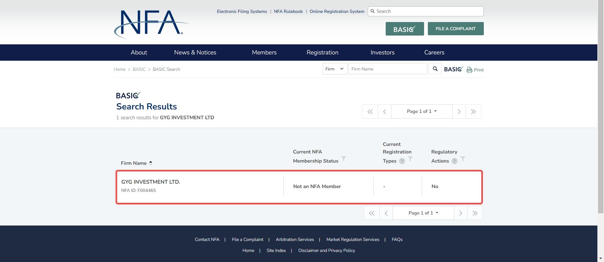 GYG INVESTMENT LTD的NFA监管查询