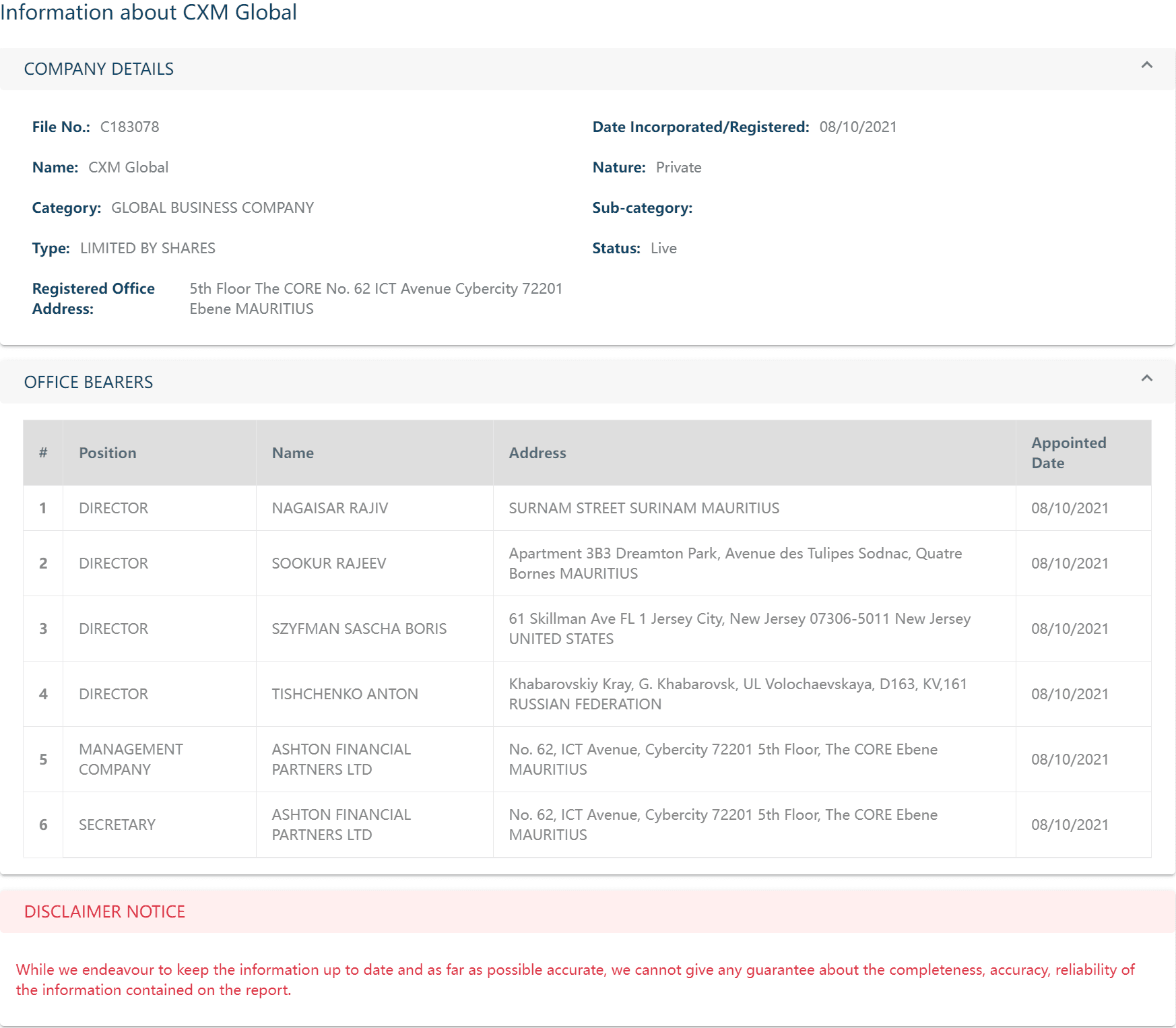 毛里求斯企业与商业登记部（CBRD）