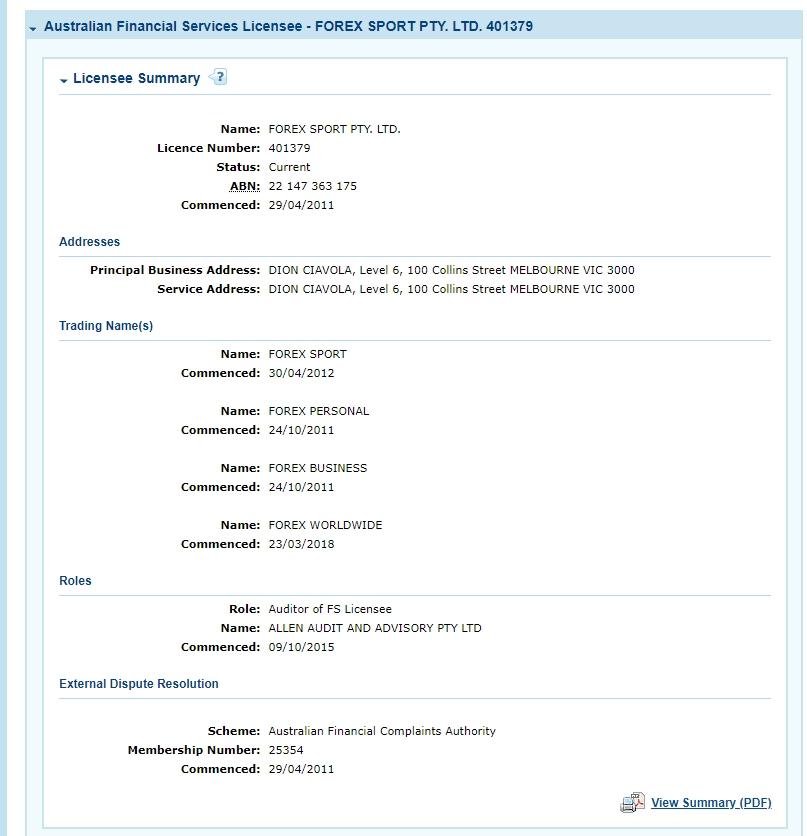 Forex Sport ASIC查询