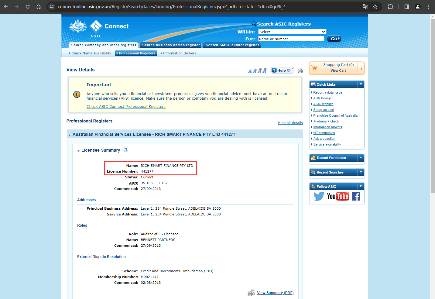 The regulatory information of 'Rich Smart Finance' by the Australian Securities and Investments Commission (ASIC)