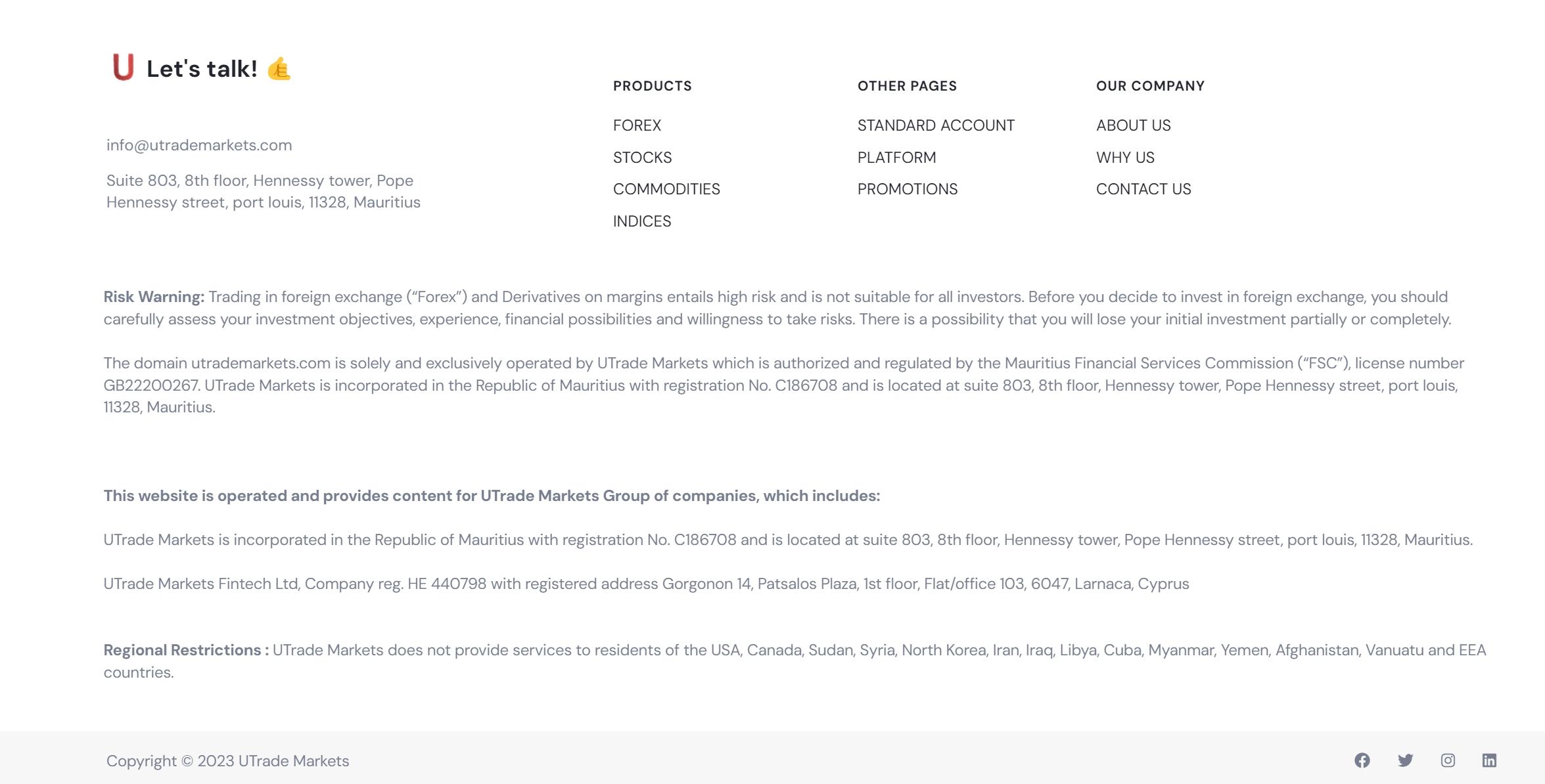 Utrade Markets regulation