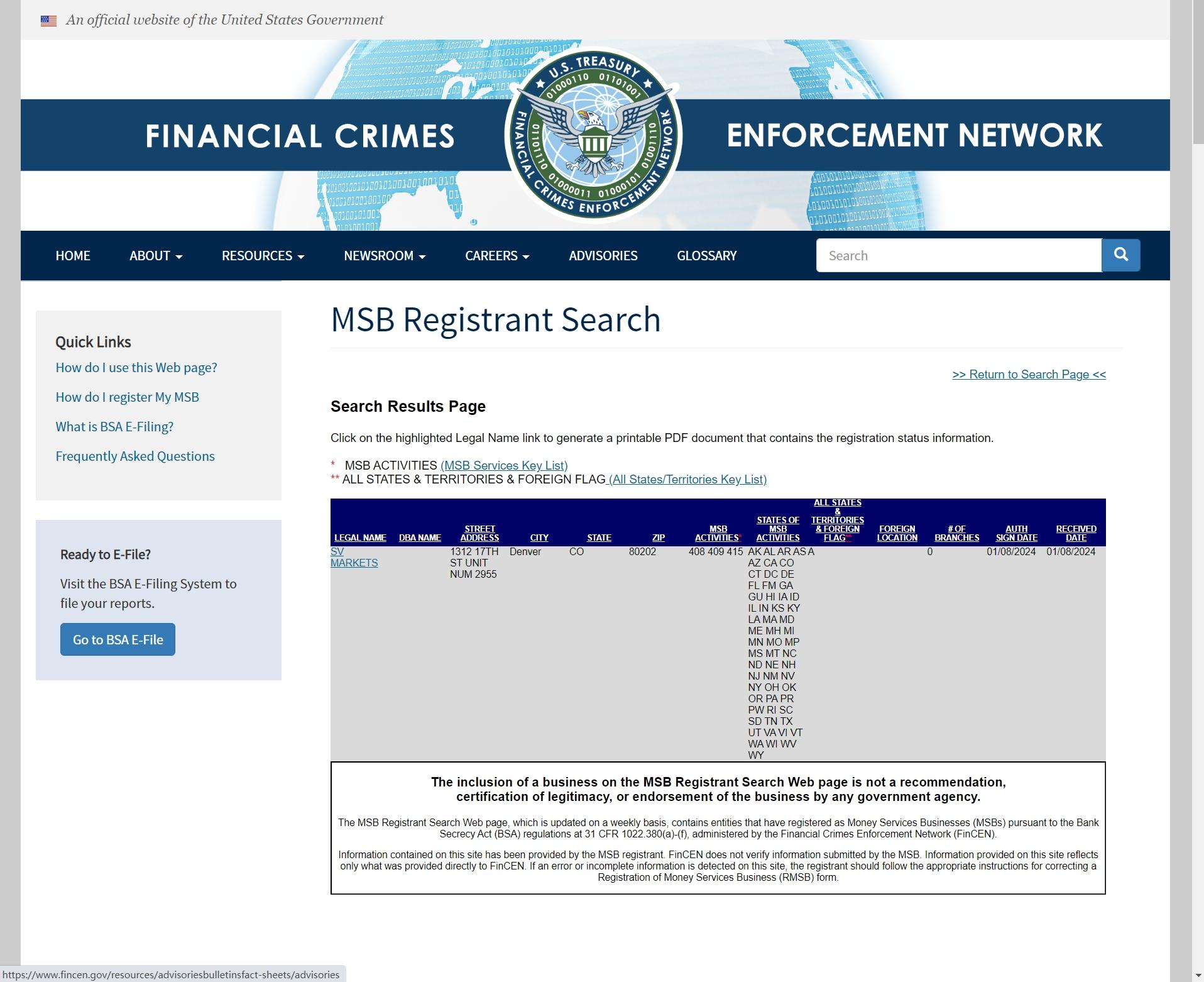 SV MARKETS的美国MSB监管查询