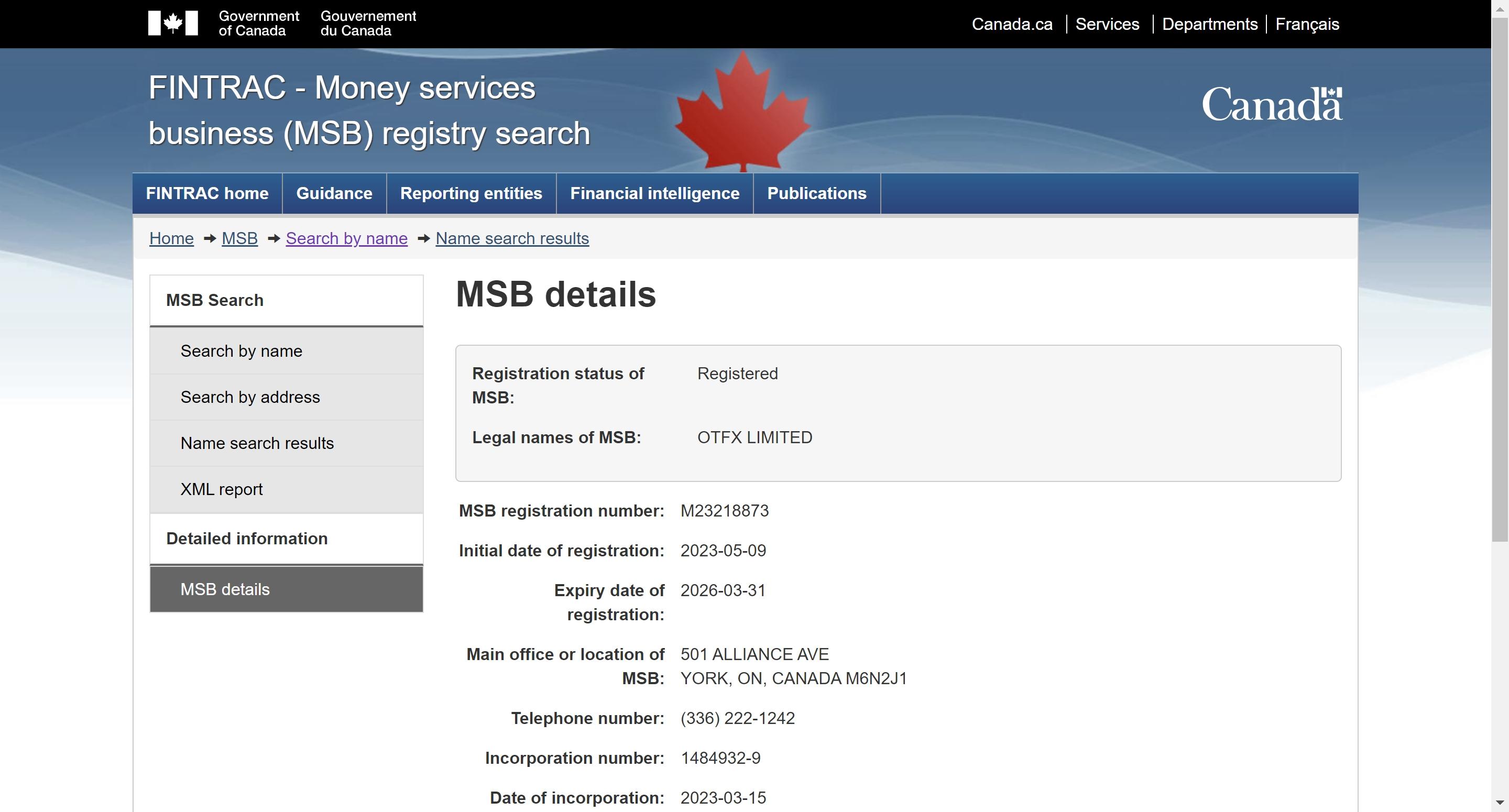OTFX加拿大MSB查询