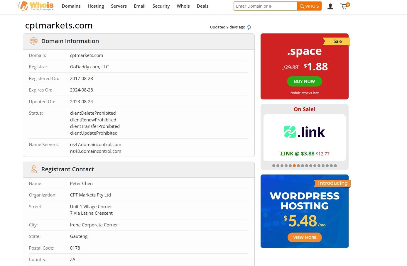 CPT Markets在whois域名注册时间