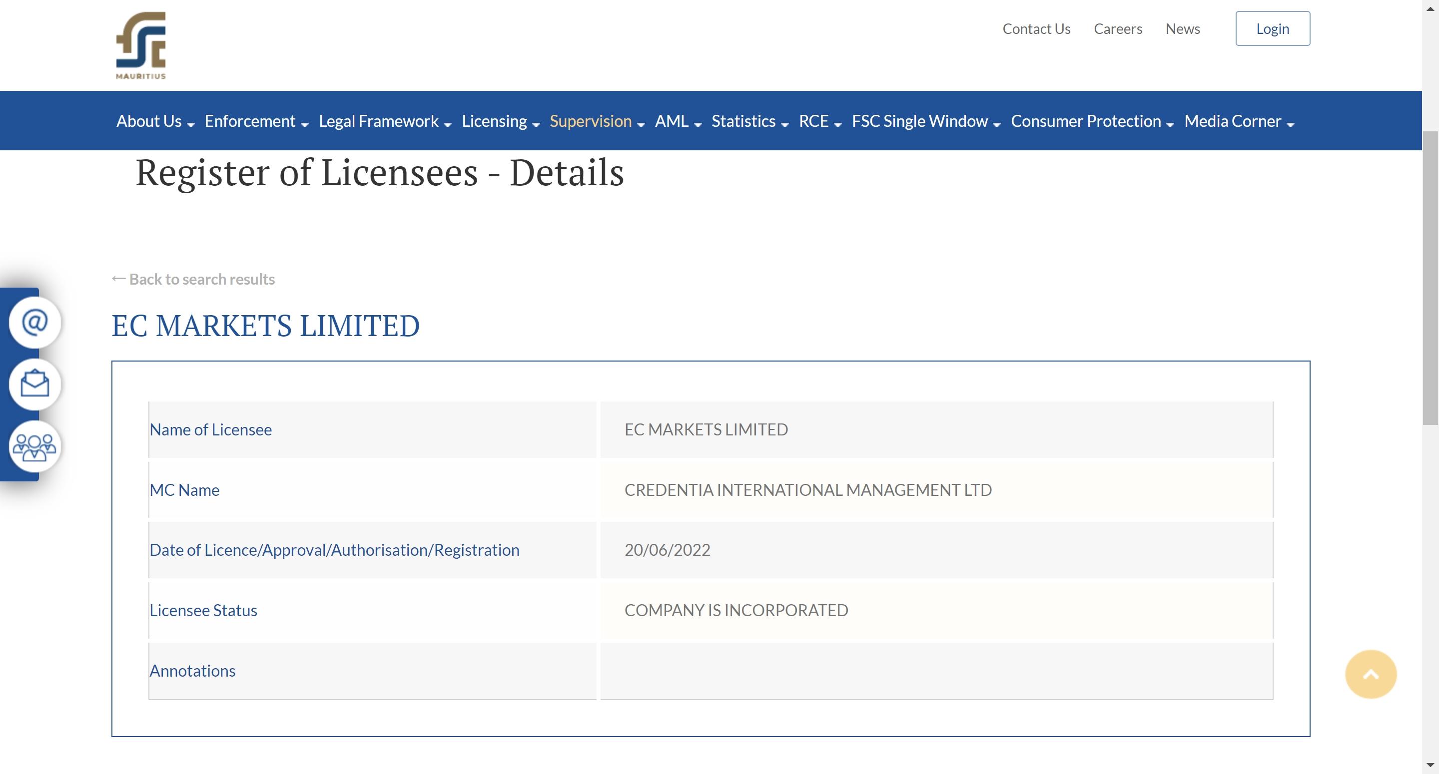 EC Markets FSC监管截图