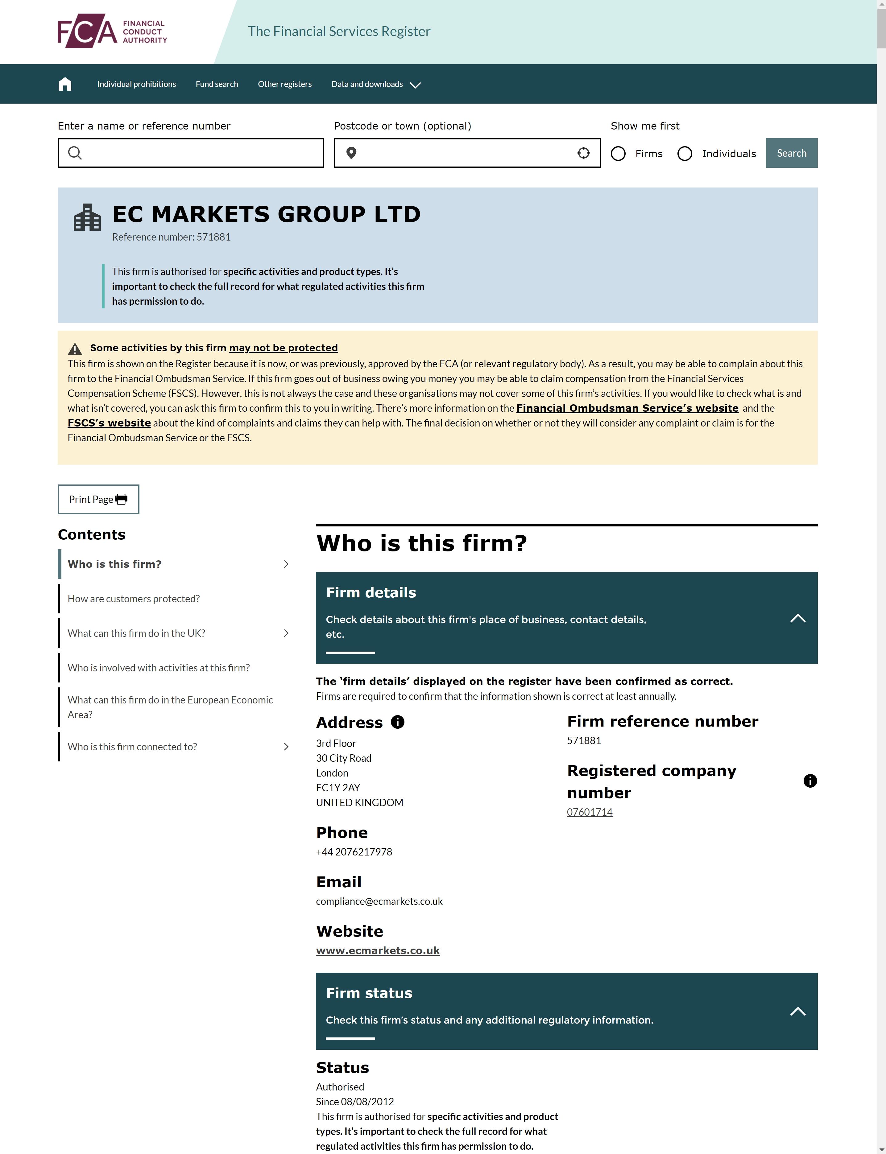 EC Markets FCA监管截图