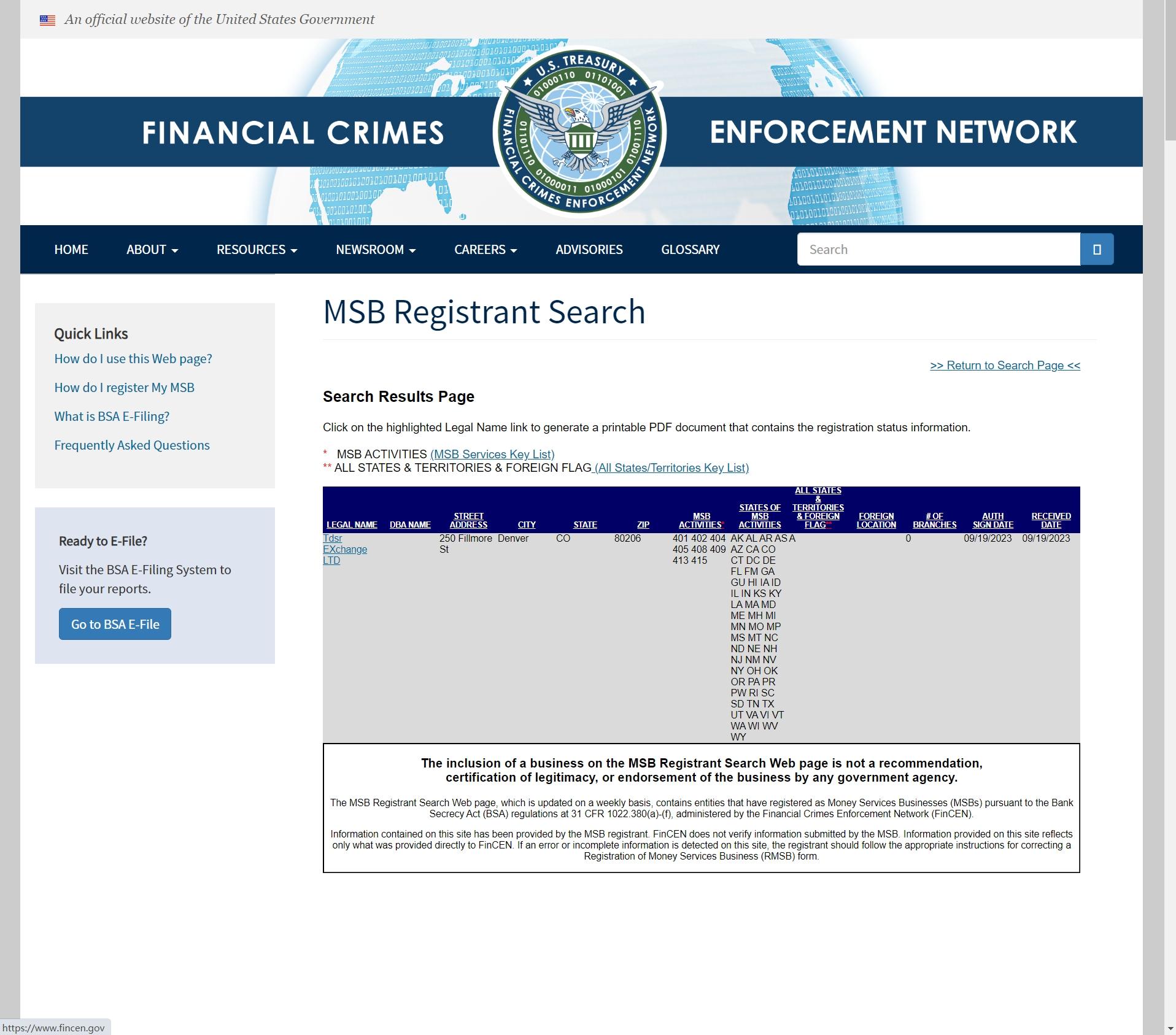 TDSR Exchange的MSB监管信息