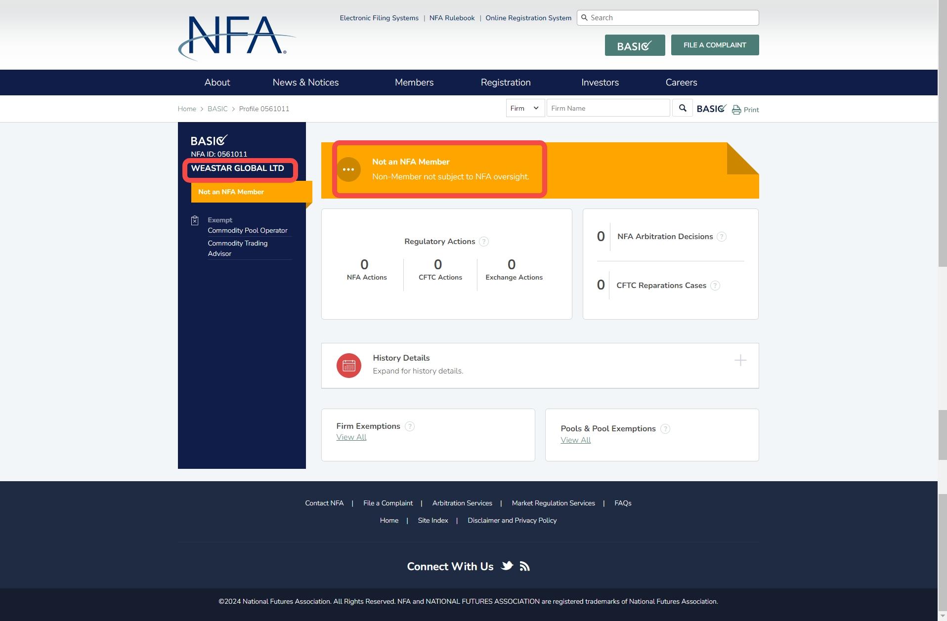 Weastar Global Markets Ltd的NFA监管查询