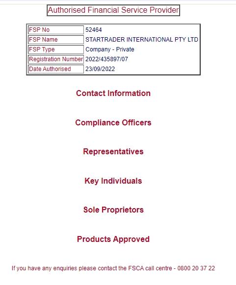 STARTRADER·星迈 FSCA查询