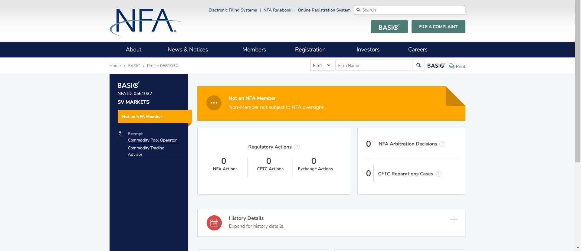 SV MARKETS的美国NFA监管查询