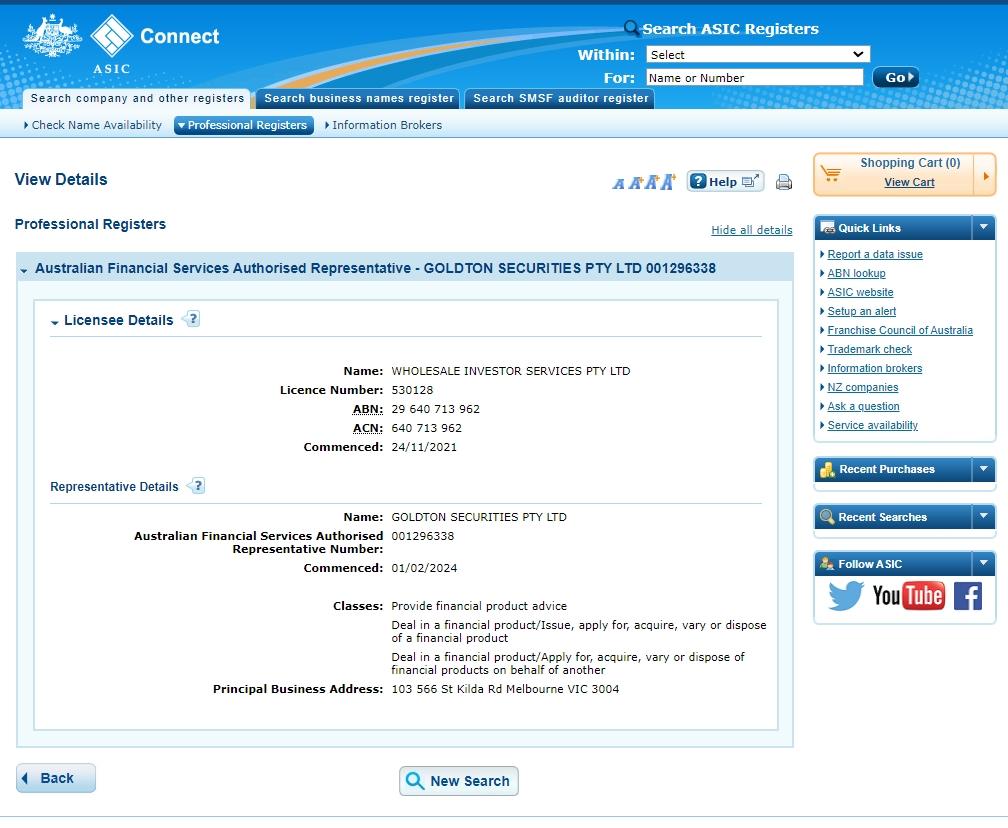 Goldton Securities Pty Ltd的澳大利亚ASIC监管查询